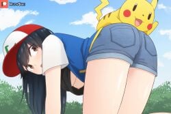 1girls 2020s 2022 adorable ash_ketchum ass bent_over black_hair blush brown_eyes cap cute denim_shorts female genderswap genderswap_(mtf) hat kawaii looking_back petite pikachu pinup pokémon_(species) pokemon rudy_saki rule_63 satoshi_(pokemon) shirt_up short_shorts shorts snapback tomboy underboob younger_female