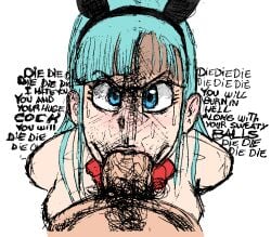 angry_fellatio blue_eyes blue_hair bulma_(bunny) bulma_briefs bunny_ears bunnysuit dragon_ball eye_contact fellatio oolong pov white_background zetto