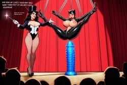 2girls ai_generated areola_slip areolae audience ball_gag batman_(series) big_breasts black_hair blue_eyes bodysuit bondage bowtie breasts breasts_bigger_than_head breasts_out catsuit catwoman chains corset dark_hair dc dc_comics defeated_villainess dialogue dildo english_text female female_only fishnets gagged giant_dildo green_eyes high_heels imminent_rape impossible_fit justice_league killkong magic magic_wand magician magician_hat nipples performance performing restrained restrained_arms restrained_legs revenge selina_kyle stage stage_curtains stage_lights superheroine suspended_in_midair suspension text top_hat unzipped unzipped_bodysuit villainess wand zatanna zatanna_zatara
