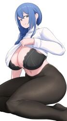 1girls big_breasts blue_hair bra braid breasts breasts_bigger_than_head clothing dp-12_(girls'_frontline) female female_only girls'_frontline girls'_frontline_2:_exilium grey_eyes helen_(girls'_frontline_2) huge_breasts kneeling large_breasts lifted_by_self long_hair looking_at_viewer navel pantyhose sainee shirt shirt_lift tongue tongue_out