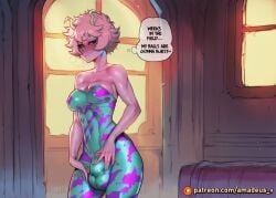 1girl ai_generated amadeus_v ashido_mina athletic black_sclera boku_no_hero_academia bulge costume cowboy_shot crotch evening frustrated full_balls futanari hallway horns huge_balls medium_breasts my_hero_academia pink_hair pink_skin short_hair solo standing sweat warm_lighting window yellow_eyes