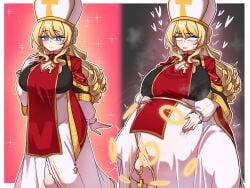 before_and_after before_and_during_pregnancy belly blue_eyes blush closed_mouth constricted_pupils gigantic_belly halo hand_on_belly heart huge_breasts hyper_pregnancy lactation_through_clothes navel_piercing nipple_bulge outie_navel pregnant pregnant_belly priestess smile