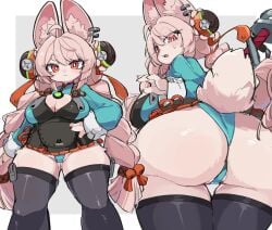 1girls ahoge anthro ass big_ass big_breasts blush blushing boob_window bottom_heavy braided_hair breasts bunny_ears bunny_girl bunny_humanoid bunny_tail bushy_eyebrows bushy_tail cleavage cleavage_cutout close-up clothed clothed_female crotch crotch_shot crotch_view eyebrows_visible_through_hair female finger_nails from_behind fur furry furry_female gem hand_on_hip holding_weapon hoyoverse huge_ass inner_ear_fluff jewelry large_ass legs_apart legs_together long_hair long_sleeves looking_at_viewer mouth_closed mouth_open multiple_images necklace panties panties_visible_under_skirt pierced_ears pink_body pink_fur pink_hair rabbit_ears rabbit_symbol rabbit_tail red_eyes sharp_nails short_skirt shortstack simple_background sixpixpen skirt skirt_lift skirt_up solo solo_focus standing sweat sweatdrop thick_thighs thigh_gap thighhighs thighs thighs_together thiren tofffffu underwear upskirt upskirt_view weapon white_background white_body white_fur wide_hips zenless_zone_zero zhao_(zenless_zone_zero)