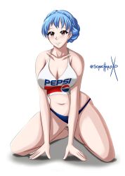 1girls ass bare_legs barefoot blue_hair blue_panties breasts brown_eyes cleavage collarbone commission female female_only fire_emblem fire_emblem:_three_houses grin kneeling light_blue_hair marianne_von_edmund medium_breasts nintendo panties pepsi shirt smile solo sonicheroxd tank_top