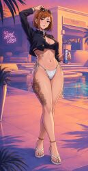 1girls ai_generated big_breasts crossover glasses jujutsu_kaisen kugisaki_nobara looking_at_viewer poolside short_hair thick_thighs thong thong_bikini vice_city_cover_girl