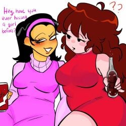 2girls ? ?? artist_request auburn_hair black_hair blush boobs clothing clueless cola cute female female_only friday_night_funkin girlfriend_(friday_night_funkin) implied_lesbian lesbian mob_face nene_(newgrounds) newgrounds no_pupils not_porn pico's_school pink_clothing red_clothing tagme text white_background wholesome