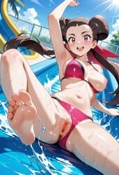 1girl 1girls ai ai-created ai_art ai_assisted ai_generated bikini bikini_aside breasts foot_focus game_freak greymaker gym_leader happy medium_breasts nintendo one_breast_out pokemon pokemon_(anime) pokemon_(classic_anime) pokemon_(game) pokemon_anime pokemon_character public pussy roxanne_(pokemon) solo stable_diffusion uncensored water_slide