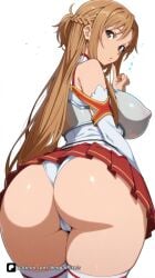 1girl ai_generated artist_name ass asuna_(sao) asuna_yuuki bangs bare_shoulders braid breasts brown_eyes brown_hair covered_nipples detached_sleeves finger_to_mouth from_behind large_breasts long_hair looking_at_viewer looking_back panties patreon pleated_skirt questionable red_skirt senpai_pixels simple_background skirt solo sword_art_online thighhighs thighs underwear white_background white_panties white_thighhighs yuuki_asuna