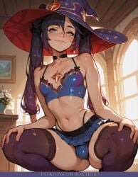 1boy ai_generated black_hair black_legwear blue_eyes blush boichego bulge femboy genderswap genderswap_(ftm) genshin_impact hat long_hair looking_at_viewer male_focus microskirt mona_(genshin_impact) navel otoko_no_ko panties purple_hair skirt solo squatting thighhighs twintails underwear witch_hat