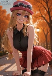1girl ai_generated arm_support artist_name autumn autumn_leaves bare_arms bare_shoulders black_garter_straps black_shirt black_thighhighs blonde_hair blue_eyes blurry_background breasts clothing collarbone collared_shirt cowboy_shot earrings eyelashes eyeshadow eyewear_on_head eyewear_on_headwear female garter_straps grin hair_between_eyes hat high-waist_skirt jewelry lamppost leaning_forward lipstick long_hair looking_at_viewer low-tied_long_hair makeup medium_breasts miniskirt outdoors patreon_username pink_headwear pleated_skirt pokemon red_skirt serena_(pokemon) shirt skirt sleeveless sleeveless_shirt smile solo sunglasses teeth thighhighs thighs tree vantawaifu white-framed_eyewear zettai_ryouiki