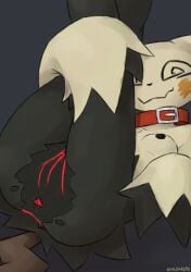 2026 absurd_res anthro anus areola biped breasts butt collar collar_only digital_drawing_(artwork) digital_media_(artwork) female generation_7_pokemon genitals grey_background hi_res looking_at_viewer lying mimi_(sealer4258) mimikyu nintendo nipples nude nude_anthro nude_female on_back pokemon pokemon_(species) rear_view sealer4258 simple_background small_breasts smile solo spiral spiral_eyes tail vulva yellow_body
