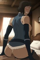 1boy 1girl ai_generated anal ass bare_shoulders bed black_gloves black_hair blue_eyes blush breasts clenched_teeth clothed_sex clothes_pull curtains dark-skinned_female dark-skinned_male dark_skin digitalwaifugallery elbow_gloves from_behind girl_on_top gloves hetero hi_res high_quality high_resolution indoors interracial korra large_breasts looking_at_viewer looking_back medium_breasts nipples no_bra on_bed pants pants_pull patreon penis reverse_cowgirl_position seductive sex sex_from_behind sexy shirt short_hair sleeveless solo_focus straddling sweat teeth the_legend_of_korra trembling uncensored watermark window