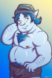 1boy 2020 anilover16 barley_lightfoot beanie blue_hair bulge chest_tuft chubby disney elf gradient_background male male_only nipples onward_(2020) pixar shirtless simple_background solo underwear