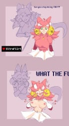 2girls big_breasts blush breasts breasts_out deltarune english_text green_eyes lifted_by_self lifting_shirt mad_mew_mew nipples pink_hair text tits tits_out undertale undertale_(series)