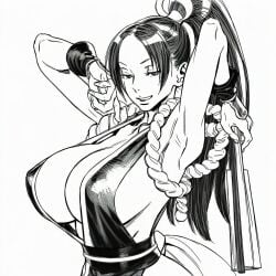 aquaberrymarine areolae armpits black_and_white cleavage erect_nipples fatal_fury huge_breasts king_of_fighters lifting_arms mai_shiranui monochrome nipples_visible_through_clothing ponytail seductive sideboob smiling_at_viewer snk