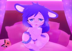 absurd_res anthro bed bedroom_eyes blue_eyes blue_hair bodily_fluids breasts carrudra chibi female finger_fuck fingering furniture genitals hair hi_res lagomorph mammal narrowed_eyes paws pillow pussy seductive small_breasts solo sweat vaginal_penetration white_body