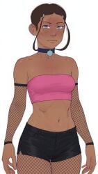 ai_assisted avatar avatar_(series) avatar_the_last_airbender black_shorts crop_top dark-skin dark-skinned_female dark_hair dark_skin dark_skinned dark_skinned_female female female_focus female_only fishnet fishnet_armwear fishnet_legwear fishnet_thighhighs fishnets katara ngmi nickelodeon pink_shirt shorts solo solo_female solo_focus strapless_bra strapless_top strapless_topwear teen teen_girl teenage_girl teenager thick_thighs young young_female