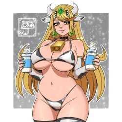 bikini blonde_hair breasts choker cow_print cowbell detached_sleeves earrings fake_ears fake_horns gold_eyes jayladair large_breasts milk mythra painted_nails thighhighs thighs xenoblade_(series) xenoblade_chronicles_2