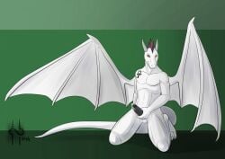 2014 anthro balls black_frill black_glans black_markings brown_eyes claws dated dragon erection frill_(anatomy) front_view genitals glans grey_penis head_crest head_frill holding_penis hufnaar kneeling looking_at_viewer male male_anthro markings membrane_(anatomy) membranous_wings mouth_closed mythological_creature mythological_scalie mythology nude penis red_frill scalie simple_background solo tail toe_claws white_balls white_body white_claws white_tail white_wings wings