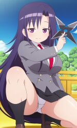 adult_female ai_generated ass big_ass curvy goshiki_agiri kill_me_baby legs_open long_hair necktie ninja_girl panties pixai purple_eyes purple_hair school_uniform sexy shuriken skirt socks suggestive thicc thick_thighs