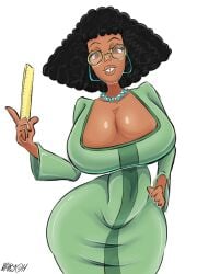 1girls alternate_version_at_source big_breasts black_hair breasts brown_eyes cleavage dark-skinned_female dark_skin female female_only glasses huge_breasts maikyoh miss_alordayne_grotkey recess solo tacotrazh teacher wide_hips