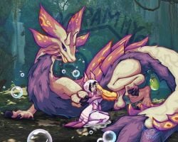 5:4 animal_genitalia animal_penis anthro balls bestiality big_balls big_penis bodily_fluids canid canine capcom cel-shaded claws clothed clothed_anthro clothing cum cum_drip cum_in_hair cum_on_clothing cum_on_face cum_on_ground dripping drooling duo female feral fox fur genital_fluids genitals hair hi_res human human_on_feral hunter_(monster_hunter) interspecies kneeling leviathan_(mh) male male/female mammal mizutsune mizutsune_armor monster monster_hunter nature outside penis penis_on_face pushing_in rammypaws saliva scales size_difference slim small_waist soap_bubbles tail unusual_anatomy unusual_genitalia unusual_penis