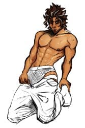 1boy abs beard brown_eyes brown_hair emre_(overwatch) male male_focus male_only nipples overwatch overwatch_2 pants pecs samthecheetobag underwear undressing white_background