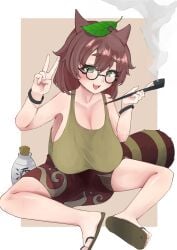 1girl 1girls animal_ears animal_tail bare_shoulders big_breasts blush blush_lines blushing blushing_at_viewer breasts brown_background brown_hair cleavage collarbone flip-flops fluffy fluffy_tail full_body glasses green_eyes holding_smoking_pipe kiseru large_breasts leaf leaf_on_head light_blush liquor liquor_bottle looking_at_viewer mamizou_futatsuiwa miniskirt no_bra open_mouth peace_sign pipe raccoon raccoon_dog raccoon_ears raccoon_tail racoon_girl sake sake_bottle sandals shinonome_zakuro simple_background sitting skirt smile smiley_face smiling smiling_at_viewer smoking smoking_pipe sole_female solo solo_female solo_focus sweat sweatdrop sweating sweaty sweaty_body tail tank_top tanuki tanuki_ears tanuki_girl tanuki_tail thick_thighs thighs touhou v white_background wristband
