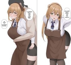 1boy 1girls apron arms_around_partner blush breasts brown_hair clothed_female_nude_male clothing comic commander_(girls'_frontline) english_text feet_out_of_frame female fiftya girls'_frontline girls'_frontline_2:_exilium green_eyes imminent_penetration imminent_sex long_hair looking_at_viewer male shirt skirt speech_bubble springfield_(girls'_frontline) springfield_(girls'_frontline_2) text thighhighs