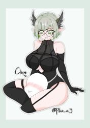 1boy 1girl 1girls alfhilde angry astraline bare_shoulders between_thighs black_gloves black_leotard black_thighhighs blunt_bangs body_freckles breasts clenched_teeth clothing_cutout colored_inner_hair commentary curvy elbow_gloves english_commentary female femdom freckles garter_straps gloves green_eyes green_hair head_between_thighs head_wings highres large_breasts leotard looking_down multicolored_hair pointy_ears short_hair teeth thick thick_ass thick_thighs thigh_freckles thighhighs thighs underboob underboob_cutout valkyrie virtual_youtuber vtuber wings