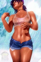 genji greenpig117 nipple_piercing nipples_visible_through_clothing overwatch purple_hair shorts sombra tagme tank_top unbuttoned_pants wet wet_body wet_clothes