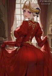 1girl ai_generated artist_name ass bangs blurry_background blush breasts clothing curtains double_bun dress dress_lift duxvector edelgard_von_hresvelg edelgard_von_hresvelg_(timeskip) eyeshadow fake_horns female fire_emblem fire_emblem:_three_houses from_behind gauntlets gloves grin hair_bun hair_ornament headpiece horn_ornament horned_headwear horns huge_ass indoors juliet_sleeves large_breasts long_dress long_sleeves looking_at_viewer looking_back makeup parted_lips patreon_username puffy_sleeves purple_eyes red_dress red_gloves skirt_hold smile solo teeth white_hair window