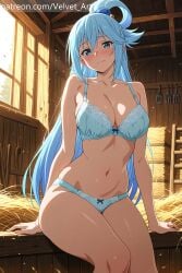 ai_generated aqua_(konosuba) blue_eyes blue_hair blue_underwear blushing kono_subarashii_sekai_ni_shukufuku_wo! looking_at_viewer underwear velvetart