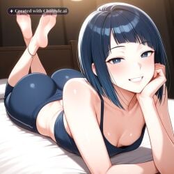 1girl ai_assisted ai_generated anklet bare_shoulders barefeet beautiful_eyes bedroom bright_pupils cleavage curvy_body detailed_feet eyes_half_closed feet_up grin horny looking_at_viewer narrow_waist petite prone_position round_ass small_breasts soft_breasts source_anime the_pose tired wide_hips
