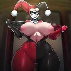 1girls ai_generated alternate_breast_size areolae ass ass_visible_through_thighs background batman_(series) belly_button big_breasts black_clothing blue_eyes bodysuit breasts breasts_out cleavage clothed clothed_female dc dc_comics eyeliner eyemask eyes female female_only flashing flashing_breasts from_below front_view fully_clothed happy harley_quinn harley_quinn_(classic) headgear huge_breasts human human_female human_only jester_hat jester_outfit large_breasts latex light-skinned_female light_skin lipstick looking_at_viewer low-angle_view makeup mask mullon naughty_smile navel nipples novelai open_bodysuit open_clothes open_eyes pale-skinned_female pale_skin parted_lips presenting presenting_breasts presenting_self red_clothing red_lipstick seductive_smile shiny_skin smile solo standing stomach teeth thighs tight_clothing two-tone_clothing undressing unzipped unzipped_bodysuit white_skin zipper