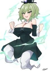 1girl 1girls artist_name artist_signature bare_shoulders big_breasts black_hat blush blush_lines blushing blushing_at_viewer breasts cleavage collar collarbone cowboy_shot detached_collar dress full_body ghost ghost_girl ghost_tail green_dress green_eyes green_hair hat large_breasts light_blush lighting looking_at_viewer no_bra open_mouth shinonome_zakuro short_hair signature simple_background skindentation smile smiley_face smiling smiling_at_viewer soga_no_tojiko sole_female solo solo_female solo_focus standing strapless strapless_dress tate_eboshi touhou v_shaped_eyebrows white_background