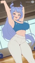 ai_assisted ai_generated arms_up big_breasts blue_eyes blue_hair boku_no_hero_academia breasts curvy curvy_body curvy_female female female_focus female_only hadou_nejire hair_horns horns huge_breasts large_breasts leggings legwear long_hair looking_at_viewer moonwool_branch my_hero_academia nejire_hado open_mouth seductive seductive_eyes seductive_look seductive_mouth seductive_pose seductive_smile smile smiling solo solo_female solo_focus sports_bra sportswear stretching thick_ass thick_thighs thighs uncensored
