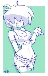 1girls 2026 artist_signature belt cleavage earrings female female_focus female_only fernal-scarlet fondly_scarlet hair_over_eyes jean_shorts midriff midriff_baring_shirt nipple_bulge rottytops scar shaggy_hair shantae short_shorts skull_belt skull_earrings solo solo_female solo_focus torn_clothes zombie zombie_girl