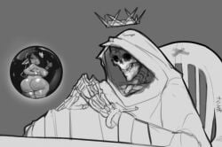 1boy 1girls boobs breasts clothing crown crystal_ball dddoodles ear_piercing fat_ass goblin greyscale hoodie nipples pointed_ears pointy_ears sideboob skeleton skull stockings tomb_(dddoodles) twitter_user_oc