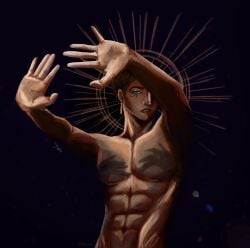 1boy 2d_(artwork) blue_eyes, dark-skinned_male dark_background dark_hair dark_skin earrings egyptian egyptian_mythology ennead halo hands_casting_shadow hands_up horus horus_(ennead) makeup male male_focus male_only muscular muscular_male nude nude_male open_mouth pecs tagme_(artist) tan tan_body tan_skin topless topless_male trend