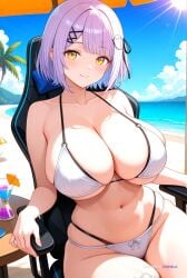 1girl ai_assisted ai_generated anime_screencap anime_style athletic_female beach beach_bar blue_sky colorful contrast curvaceous curvy daytime detailed_face dramatic_lighting fit gaming_chair hair_ornament highly_detailed hourglass_figure huge_breasts looking_at_viewer sand sea short_hair slender_waist sun thick_thighs toned voluptuous white_bikini white_clouds wide_hips