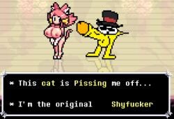 anti_groove big_penis breasts breasts_out cat_ears cat_tail catgirl deltarune deltarune_chapter_5 hyper_penis large_breasts large_penis lisnotsfw mad_mew_mew mask nipples pink_hair pixel_art starwalker