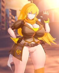 1girls blonde_female blonde_hair fingerless_gloves half-dressed half_naked half_naked_female hand_on_hip long_hair long_hair_female luminaryofages no_panties purple_eyes rwby yang_xiao_long