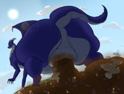 building butt city city_destruction claws destruction digital_media_(artwork) dragon feces hi_res horn iggy-iggy macro male mythological_creature mythological_scalie mythology nude outside pooping scalie size_difference sky smile solo tail wings