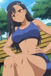 1girl ai_generated asymmetrical_bangs bare_shoulders bench bike_shorts black_hair blue_sky blue_sports_bra blush breasts brown_eyes cleavage closed_mouth cloud collarbone dark-skinned_female dark_skin day digitalwaifugallery earclip hair_ornament hairclip hands_on_own_hips hayase_nagatoro hi_res high_quality high_resolution long_hair looking_at_viewer medium_breasts midriff navel outdoors patreon seductive sexy shorts sitting sky smile solo sports_bra tree uncensored watermark