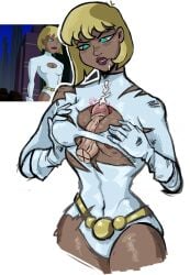 1boy 1girls areolae blonde_hair blue_eyes breasts cum dc dcau galatea justice_league justice_league_unlimited lipstick medium_breasts paizuri penis samthecheetobag short_hair solo_female torn_clothes wide_hips