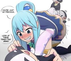 1girl 1girls 2d 3boys anal aqua_(konosuba) big_penis bigger_female blue_eyes blue_hair blush blush_lines cum dialogue double_penetration endofeminal female kono_subarashii_sekai_ni_shukufuku_wo! konosuba male masked_male skirt smaller_male smile vanir_(konosuba) white_skin