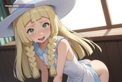 1girl ahegao ai_assisted ai_generated bent_over blonde_hair blunt_bangs body_freckles braid collared_dress cowboy_shot crying cum_on_face dress drool dutch_angle flat_chest freckles from_side green_eyes hat indoors lillie_(pokemon) long_hair looking_at_viewer naked nipples sleeveless sleeveless_dress small_ass smile smug solo source_anime sun_hat sundress twin_braids wet white_dress