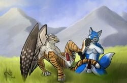 2014 animal_genitalia animal_penis anthro athletic athletic_anthro athletic_male avian balls beak black_penis blue_body blue_eyes blue_fur blue_sky bodily_fluids brown_wings canid canine canine_genitalia canine_penis cum cum_on_feet dated day duo erection feathered_wings feathers feet foot_fetish foot_lick fox fur genital_fluids genitals grey_beak gryphon hufnaar kneeling knot licking male male_anthro mammal markings mountain mythological_avian mythological_creature mythology nude outside penis raised_foot red_penis sky striped_arms striped_body striped_fur striped_legs striped_markings striped_tail stripes tail tail_markings tongue white_balls white_body white_fur white_wings wings yellow_body yellow_eyes yellow_fur