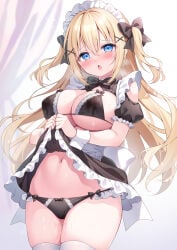1girl apron bikini bikini_bottom bikini_top blonde_hair blush breast_suppress breasts breasts_out collar detached_collar detached_sleeves hair_ornament hair_ribbon hairband highres large_breasts long_hair maid maid_apron maid_bikini maid_headdress maid_outfit maid_uniform nipple_bulge nipples open_shirt original pussy_juice shiono_(0303) skirt skirt_lift straight_hair thighhighs tied_hair twintails wet wet_bikini